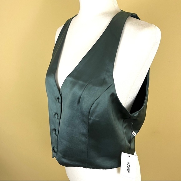 NWT Jason Wu Sage Green Satin 4 Button Cropped Sexy Plunge Fitted Vest Size L - Picture 3 of 15
